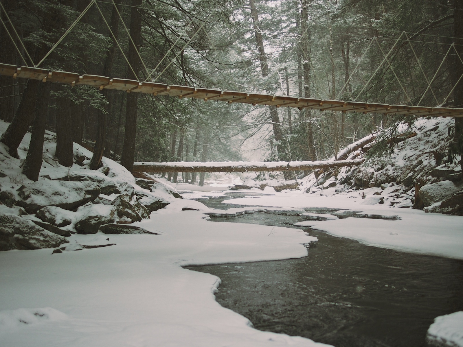 landscapes, Winter, Snow, Ice, Frozen, Stream, Trees, Forest, Woods, Bridges, Architecture Wallpaper