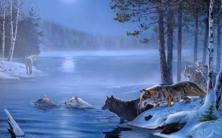 art, Paintings, Wolf, Wolves, Landscapes, Trees, Forest, Lakes, Rivers, Night, Moon, Light HD Wallpaper Desktop Background