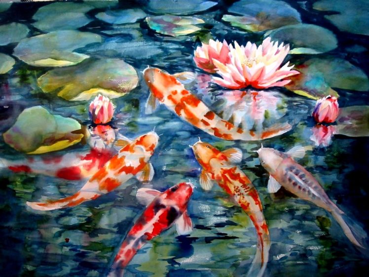 paintings, Fish, Koi, Artwork, Lily, Pads, Water, Lilies HD Wallpaper Desktop Background
