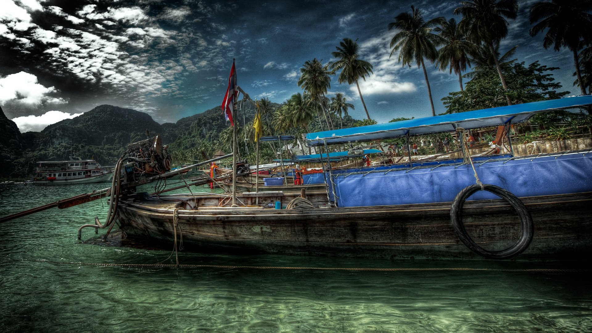 water, Clouds, Landscapes, Trees, Fields, Islands, Boats, Vehicles, Palm, Trees, Hdr, Photography, Sea Wallpaper