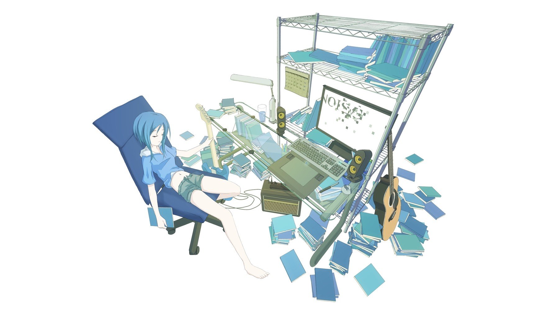 women, Blue, Computers, Keyboards, Speakers, Blue, Hair, Barefoot, Lamps, Books, Short, Hair, Instruments, Guitars, Calendar, Chairs, Sitting, Navel, Hoodies, Shorts, Closed, Eyes, Graphics, Tablets, Simple, Bac Wallpaper
