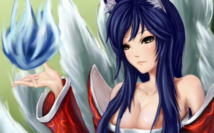 women, Tails, Video, Games, League, Of, Legends, Long, Hair, Blue, Hair, Animal, Ears, Magic, Yellow, Eyes, Digital, Art, Artwork, Fox, Girls, Ahri HD Wallpaper Desktop Background