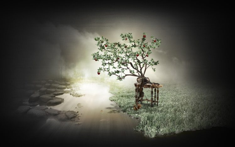 trees, Artwork, Apples HD Wallpaper Desktop Background