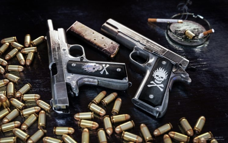 1911, Pistol, Ammunition, Clip, Colt, Ammo, Weapon, Gun, Skull HD Wallpaper Desktop Background