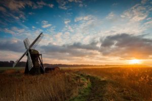 field, Morning, Sunrise, Mill, Windmill