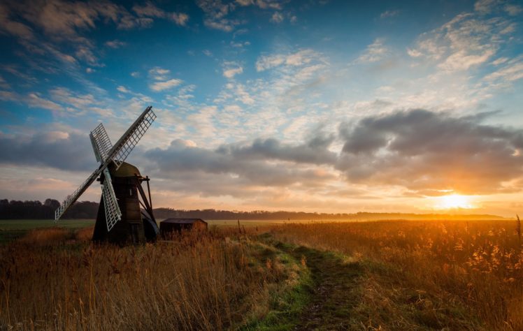 field, Morning, Sunrise, Mill, Windmill HD Wallpaper Desktop Background