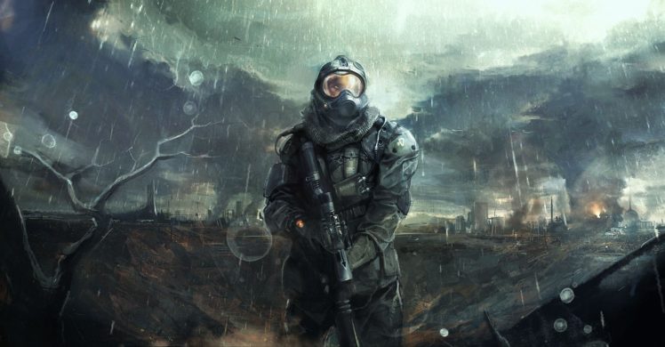 man, Helmet, Armor, Art, Clouds, Weapon, Dark, Rain, Soldier, Apocalyptic HD Wallpaper Desktop Background