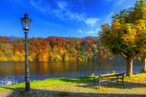 sky, Autumn, Ulm, River, Germany, Bench, Lantern, Lamp, Post