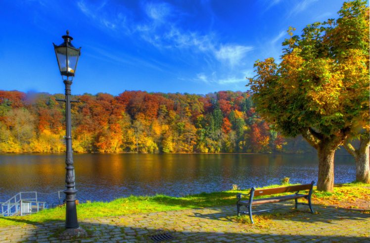 sky, Autumn, Ulm, River, Germany, Bench, Lantern, Lamp, Post HD Wallpaper Desktop Background