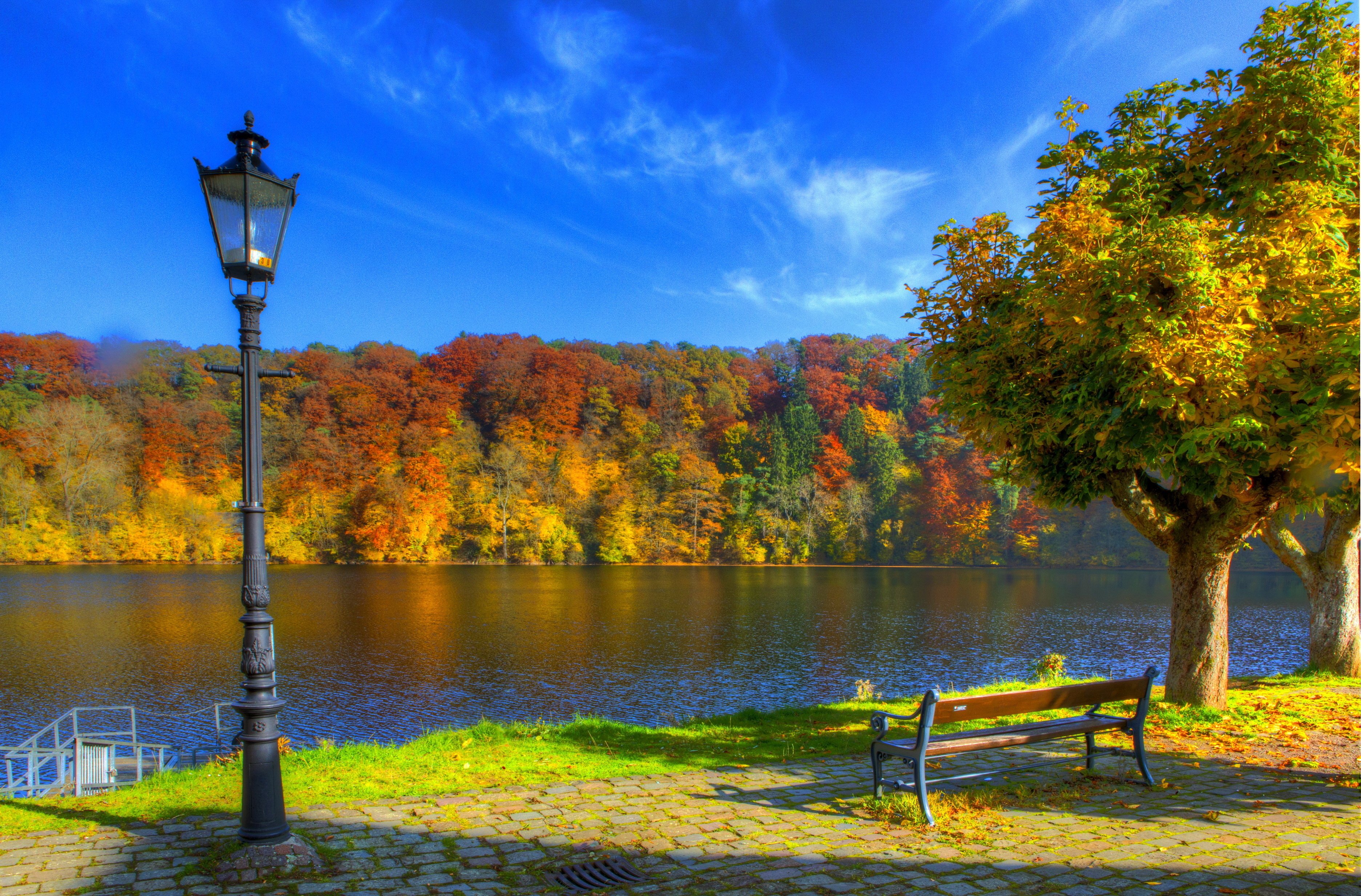 sky, Autumn, Ulm, River, Germany, Bench, Lantern, Lamp, Post Wallpaper