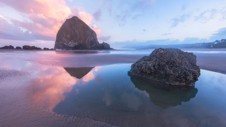 water, Rock, Stone, Clouds, Dawn, Sea, Ocean, Beach HD Wallpaper Desktop Background