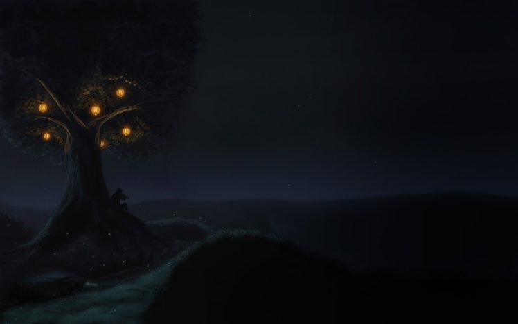 trees, Night, Silhouettes, Lanterns, Lonely, Artwork HD Wallpaper Desktop Background