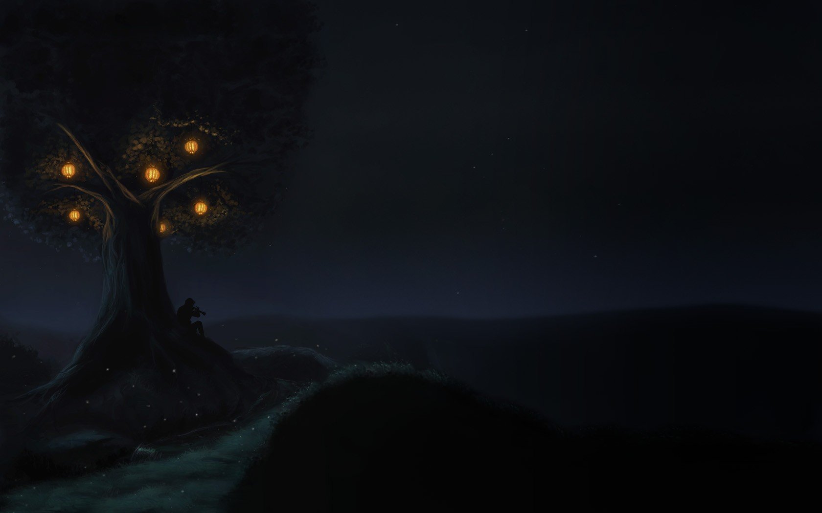 trees, Night, Silhouettes, Lanterns, Lonely, Artwork Wallpaper