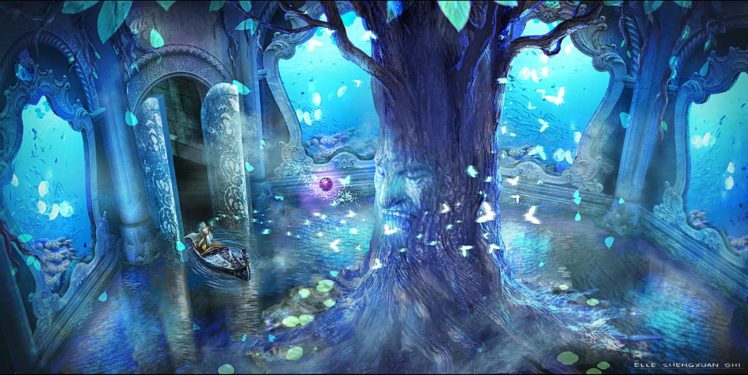 blue, Boat, Butterfly, Lost, Elle, Original, Pixiv, Fantasia, Scenic, Tree, Water HD Wallpaper Desktop Background