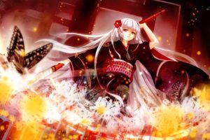 butterfly, Conone, Flowers, Japanese, Clothes, Kimono, Long, Hair, Original, Red, Eyes, Weapon, White, Hair