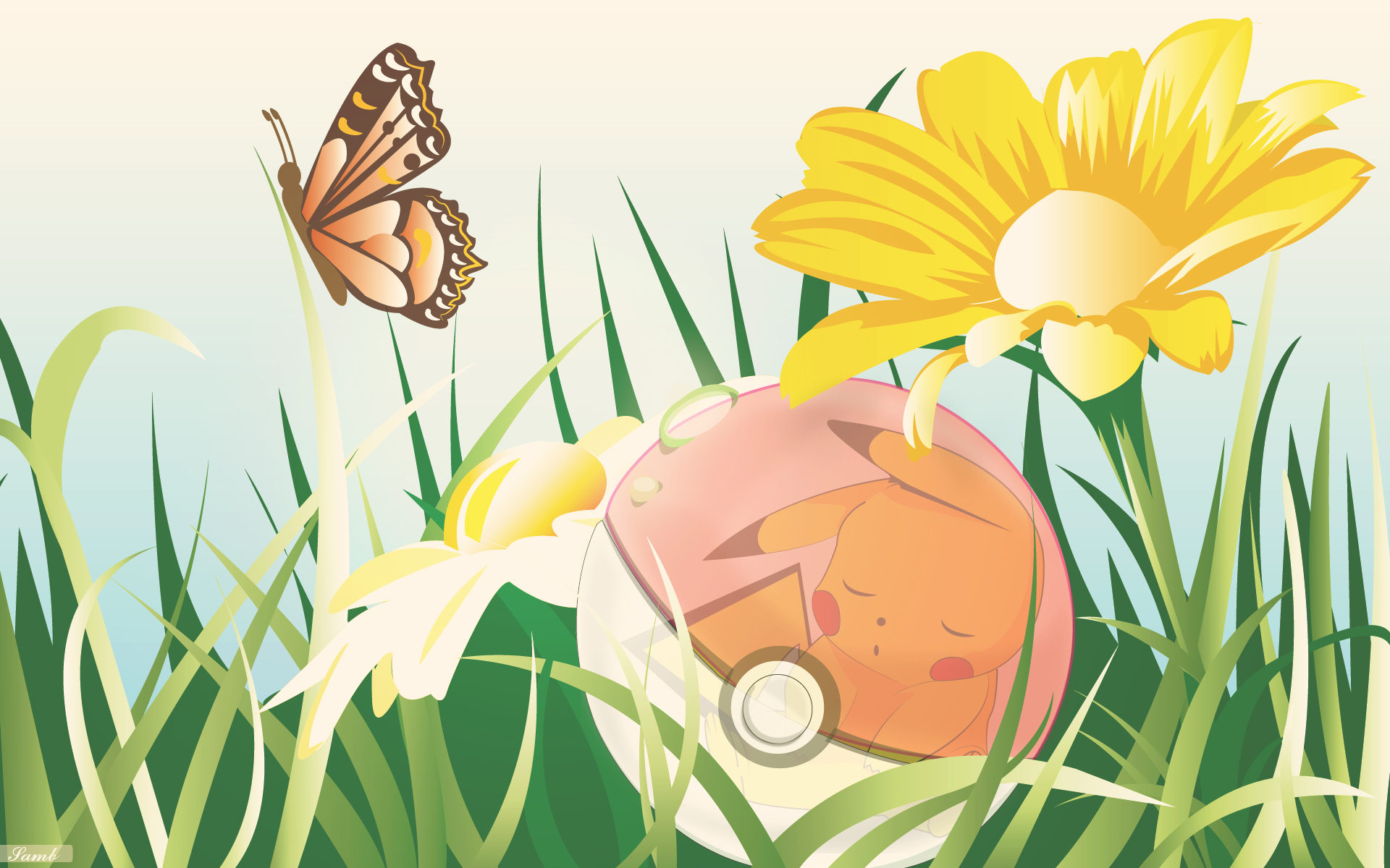 pokemon, Series, Game, Pikachu, Flowers, Butterfly, Nature Wallpaper
