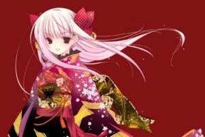 dress, Wind, Long, Hair, Kimono, Red, Eyes, Bows, Bells, White, Hair, Japanese, Clothes, Simple, Background, Anime, Girls, Red, Background, Hair, Ornaments, Butterflies, Kirino, Kasumu, Original, Characters