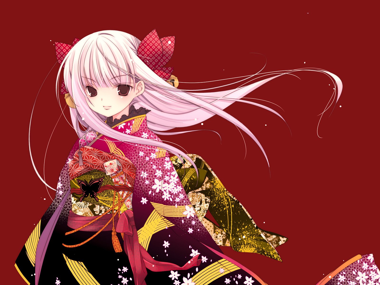 dress, Wind, Long, Hair, Kimono, Red, Eyes, Bows, Bells, White, Hair,  Japanese, Clothes, Simple, Background, Anime, Girls, Red, Background, Hair,  Ornaments, Butterflies, Kirino, Kasumu, Original, Characters Wallpapers HD  / Desktop and Mobile