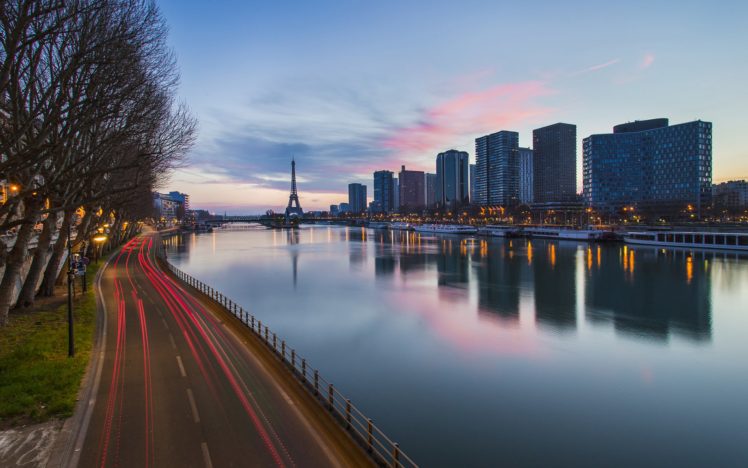 paris, Buildings, River, Eiffel, Tower, Tower, Timelapse, Road, Lights, Reflection HD Wallpaper Desktop Background