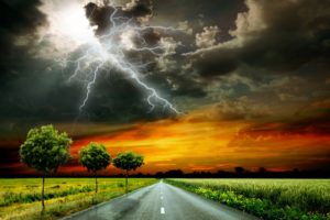 scenery, Roads, Sky, Grass, Clouds, Lightning, Trees, Thundercloud, Nature