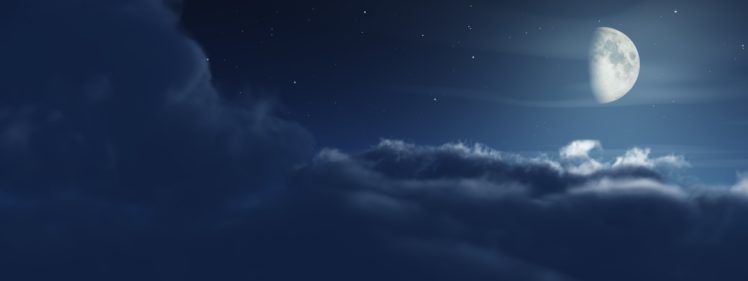 multi, Monitor, Dual, Screen, Night, Moon, Clouds, Stars HD Wallpaper Desktop Background