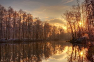 landscapes, Trees, Bank, Reflection, Water, Sky, Clouds, Sunset, Sunrise, Winter, Autumn, Fall