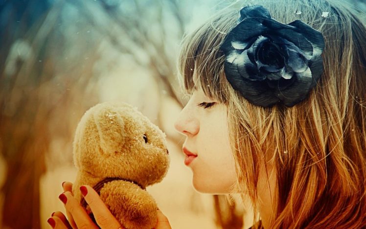 mood, Love, Romance, Teddy, Bear, Bokeh, Women, Model, Redhead, Face, Kiss HD Wallpaper Desktop Background