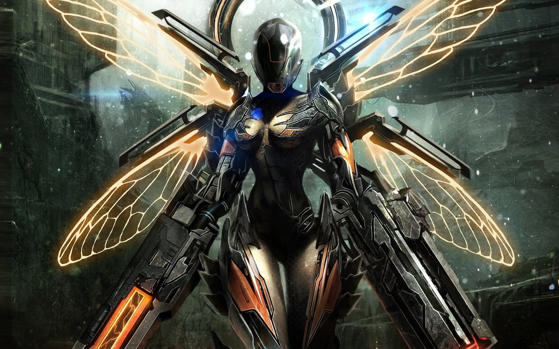 girl, Fairy, Armor, Gun, Fantasy, Sci fi, Robot, Cyborg, Weapon Wallpaper