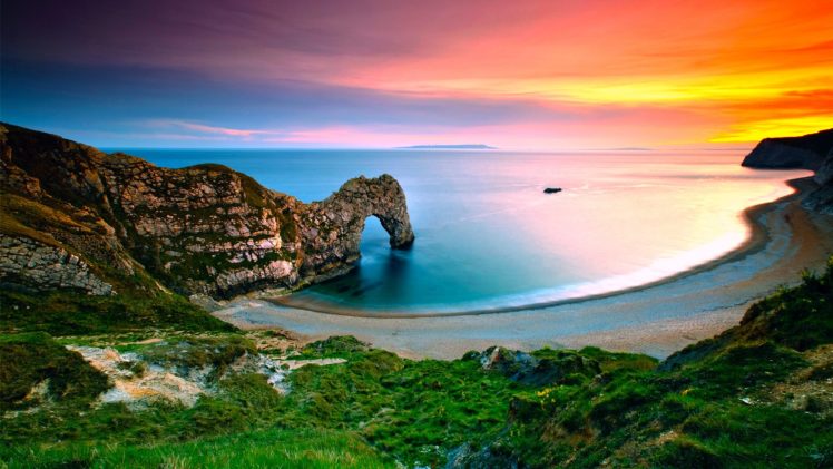 landscape, Nature, Sea, Sunrise, Coast, Rock, Arch, Grass, England HD Wallpaper Desktop Background