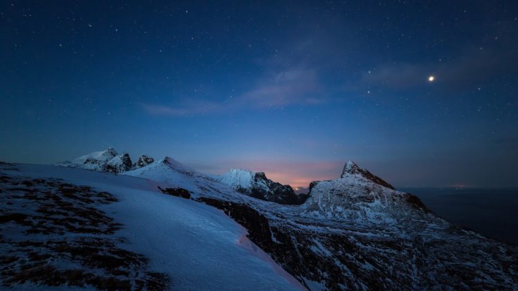 norway, Night, Rocks, Snow, Sea HD Wallpaper Desktop Background