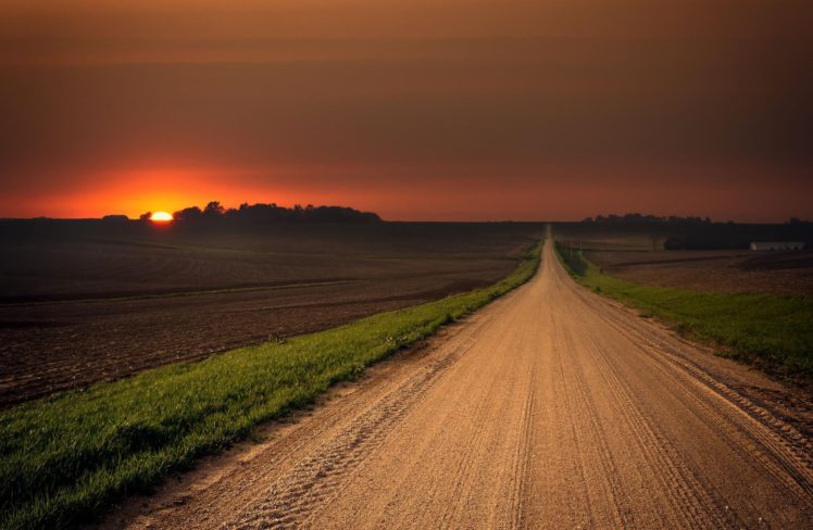 landscape, Nature, Sunset, Road, Field, Grass, Nebraska, United, States HD Wallpaper Desktop Background