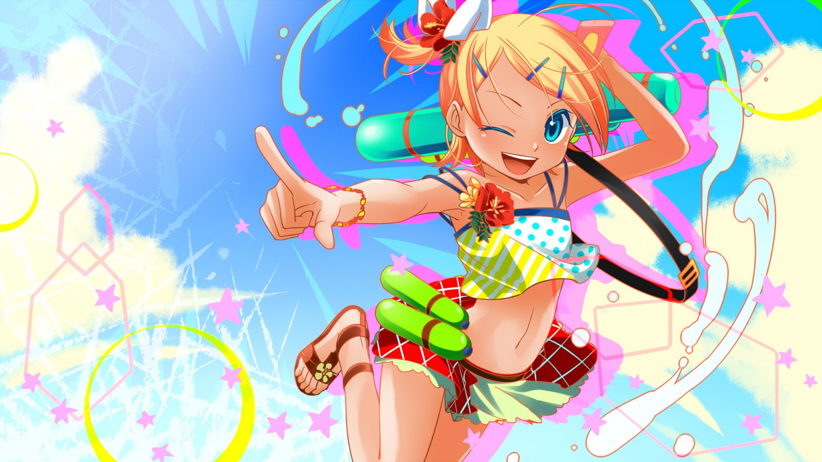 blonde, Hair, Blue, Eyes, Junji, Kagamine, Rin, Navel, Ponytail, Summer, Vocaloid, Wink Wallpaper