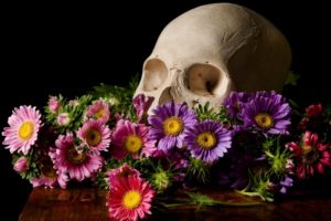 skull, Flowers, Black, Background