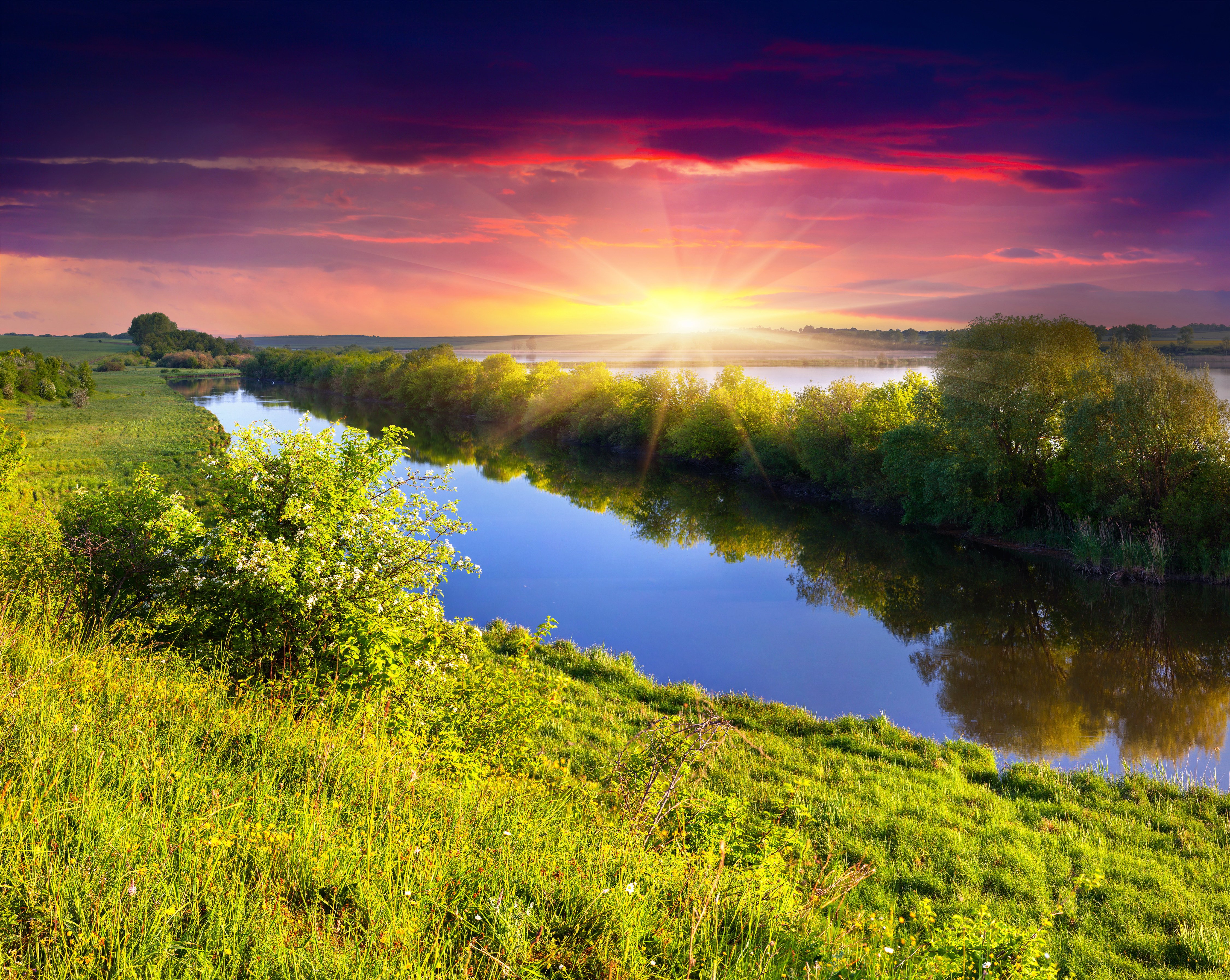scenery, Rivers, Sunrises, And, Sunsets, Grass, Nature Wallpaper