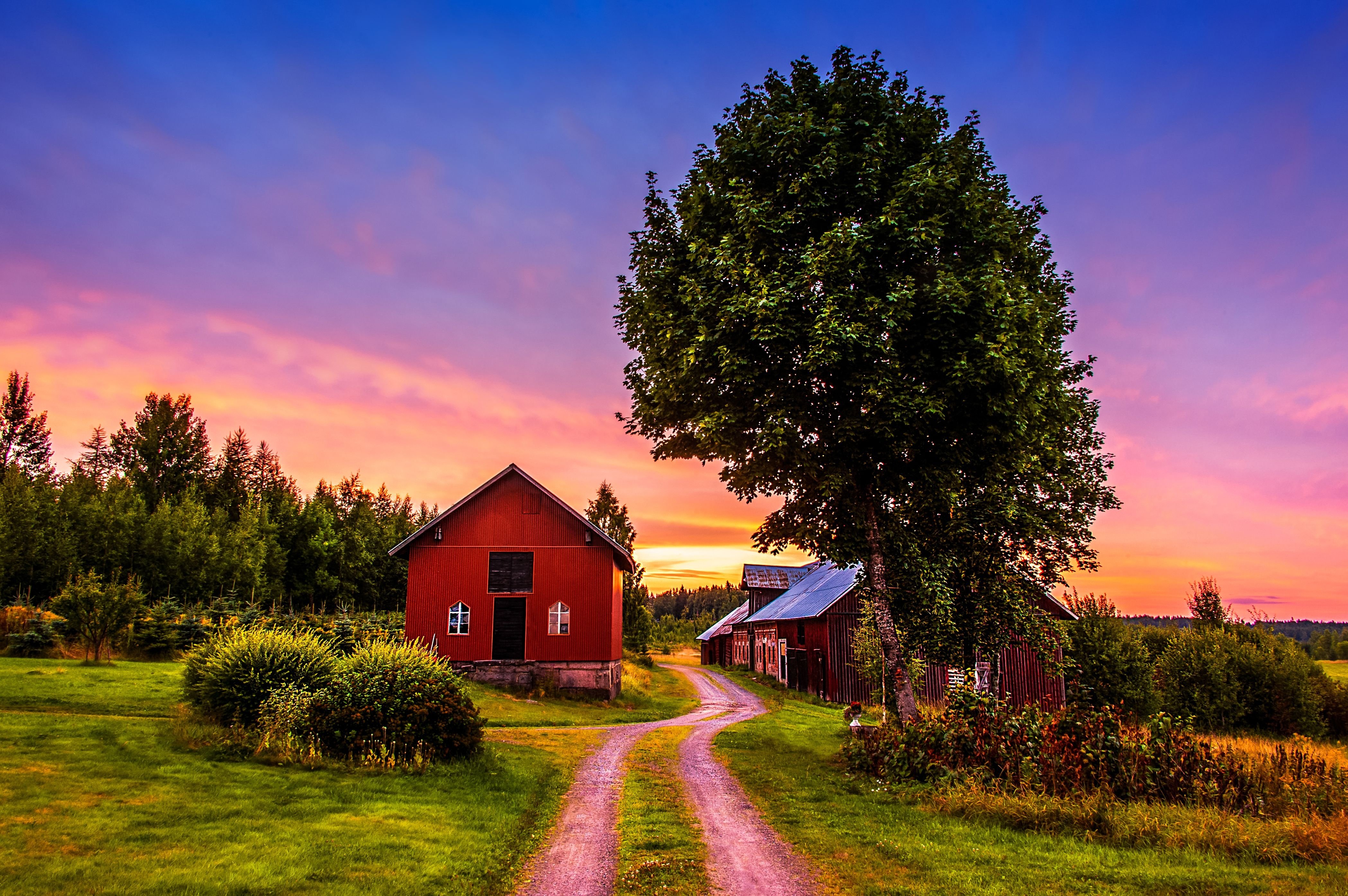 Sunset, Trees, Road, Home, Landscape, Rustic, Farm, House Wallpapers Hd