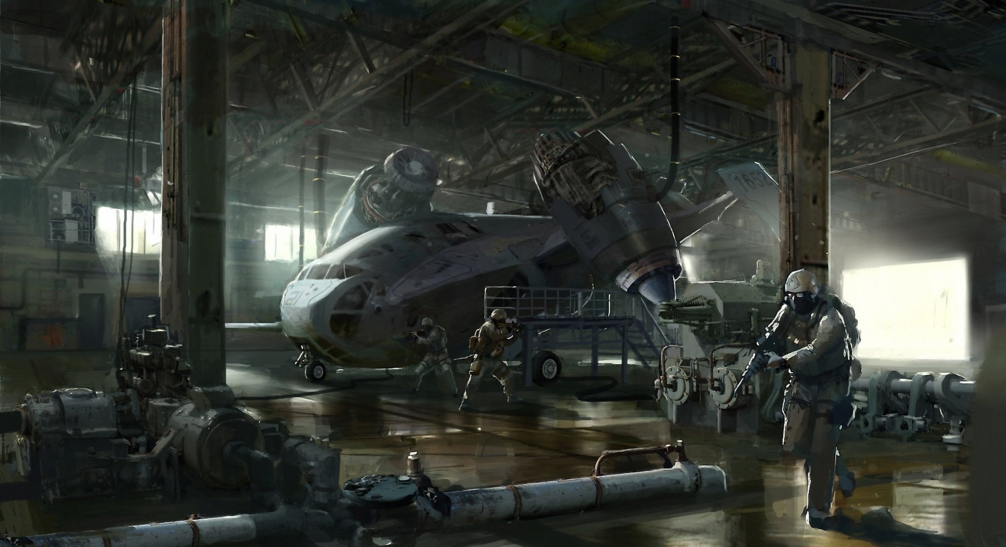 trucks, Soldier, Hangar, Art, Weapon, Sci fi, Military Wallpaper