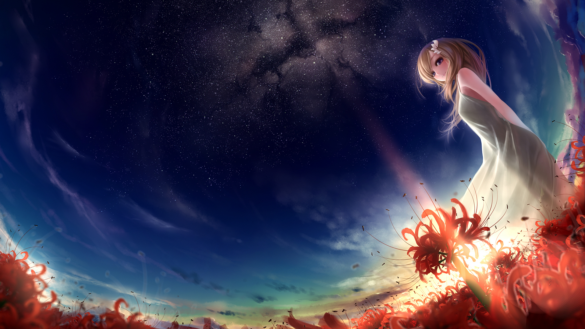 original, Vector, Art, Girl, Flowers, Sky, Stars Wallpaper