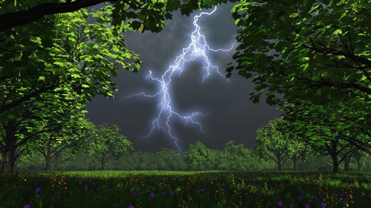cg, Digital, Art, Landscapes, Trees, Storm, Lightning HD Wallpaper Desktop Background