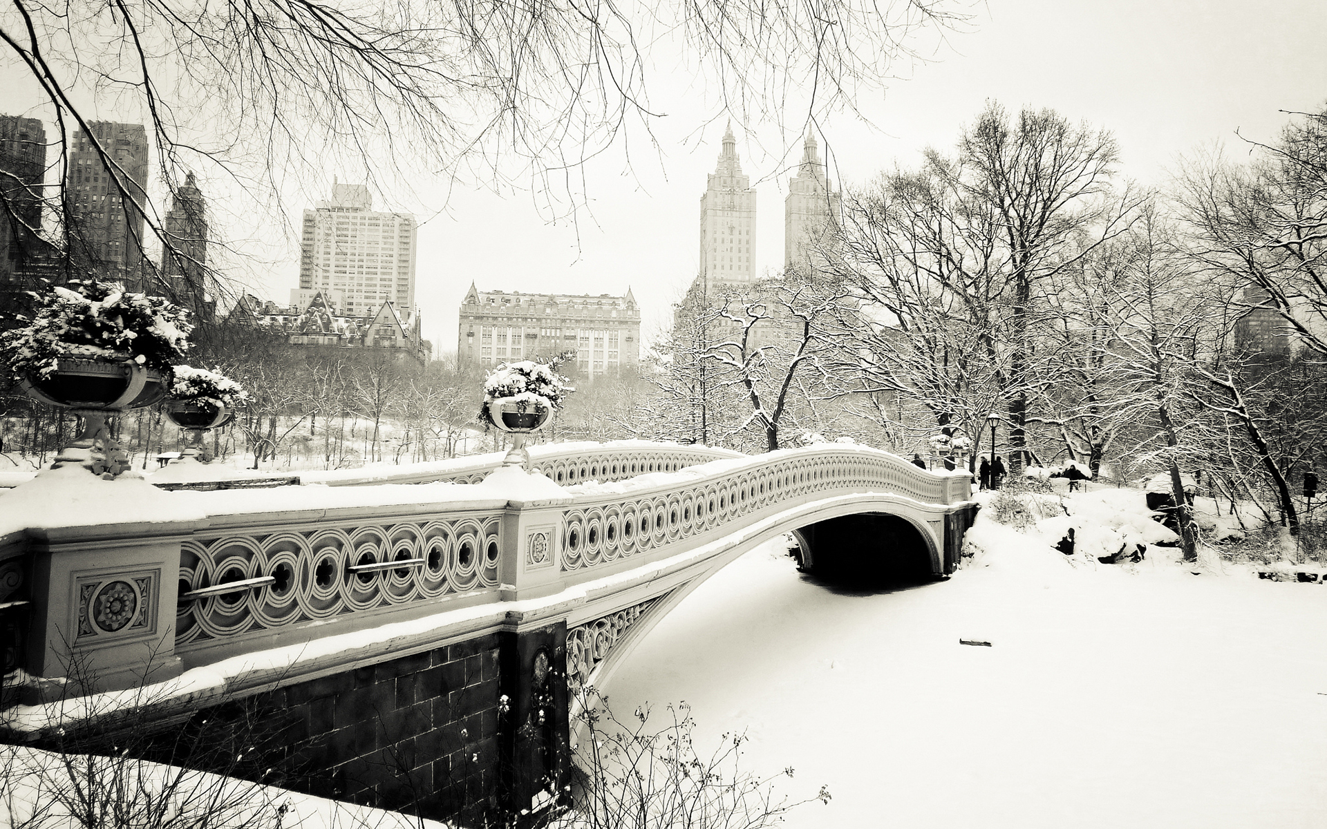 bridges, Cities, Winter, Black, White Wallpaper
