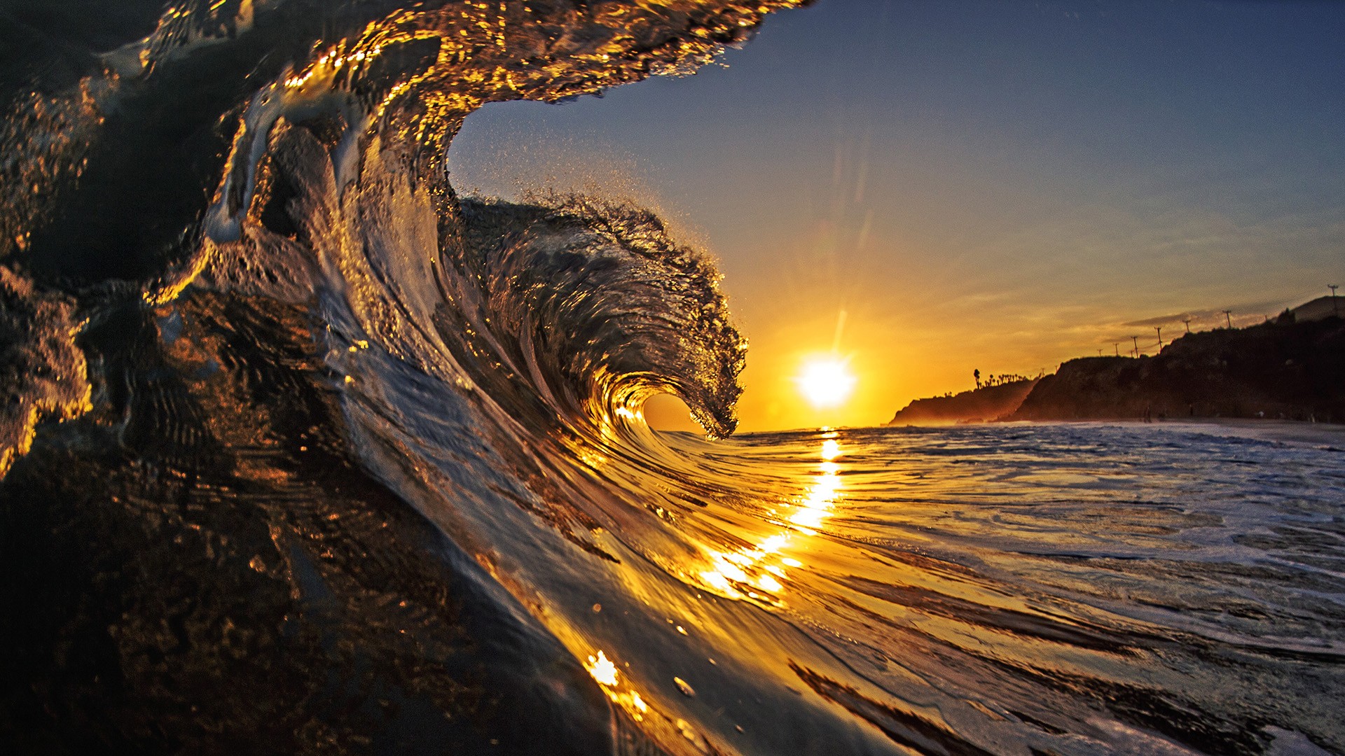 waves, Sunset Wallpaper