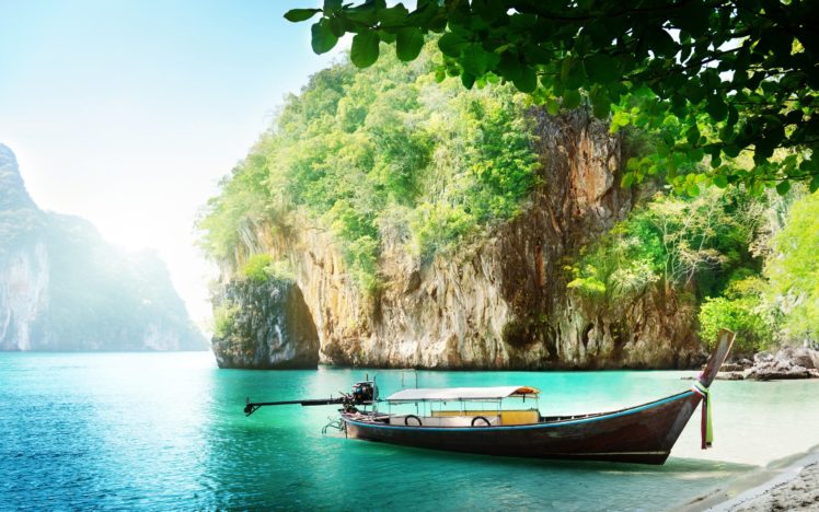 boat, Sea, Sun, Island, Sky HD Wallpaper Desktop Background