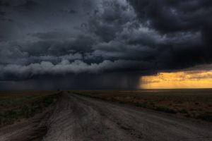 road, Clouds, Field, Storm, Rain, Sky