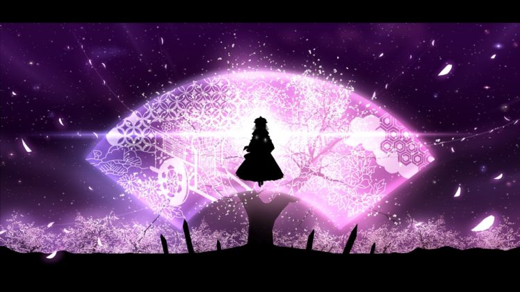 cherry, Blossoms, Dress, Hat, Minust, Night, Petals, Saigyouji, Yuyuko, Silhouette, Sky, Stars, Touhou, Tree HD Wallpaper Desktop Background