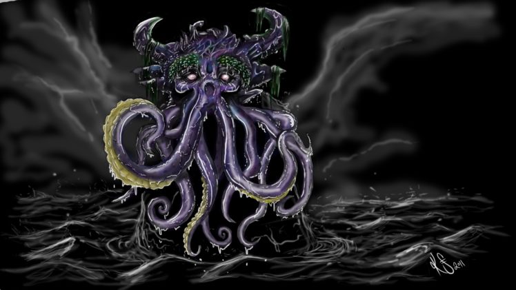 , 1, Fantasy, Art, Dark, Monster, Creature, Octopus, Ocean, Sea, Storm, Sky, Clouds, Waves, Cthulhu HD Wallpaper Desktop Background