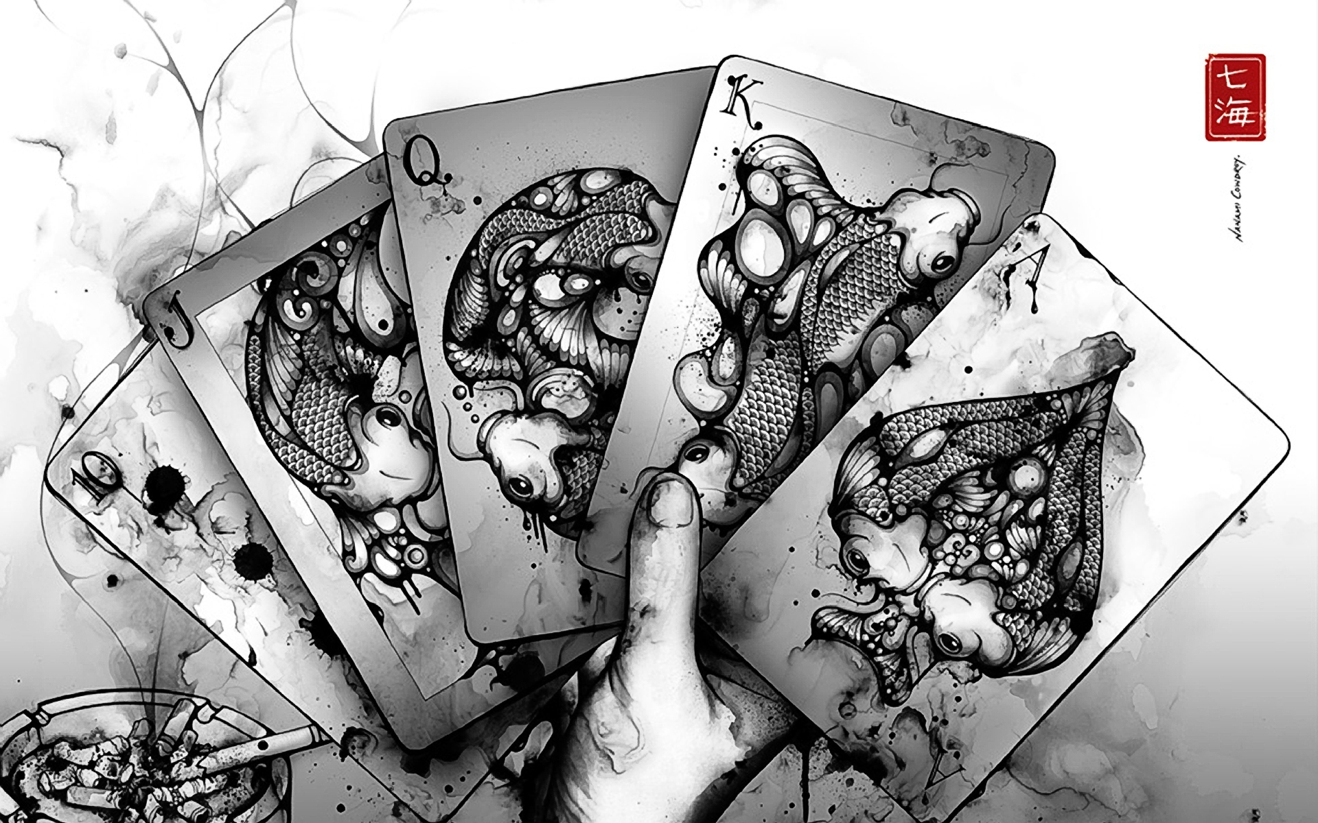 , 1, Asian, Oriental, Cards, Fantasy, Drawing, Art, Koi, Creature, Cigarettes Wallpaper