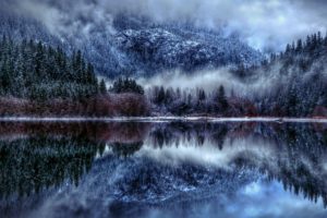 nature, Winter, Lake, Snow, Fog, Reflection, Clouds, Mountains