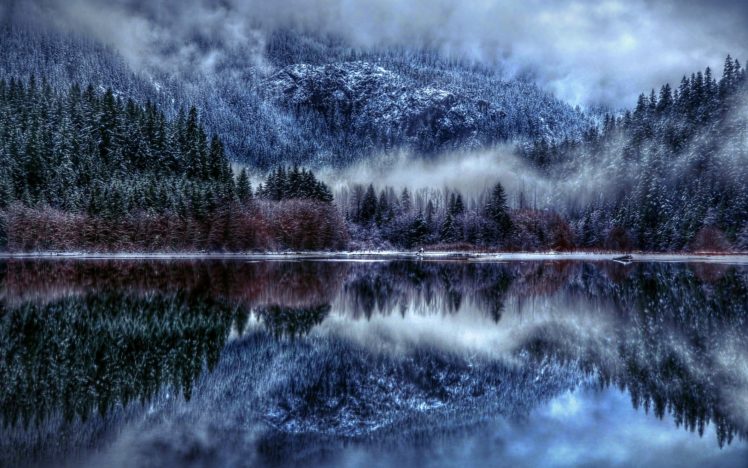 nature, Winter, Lake, Snow, Fog, Reflection, Clouds, Mountains HD Wallpaper Desktop Background