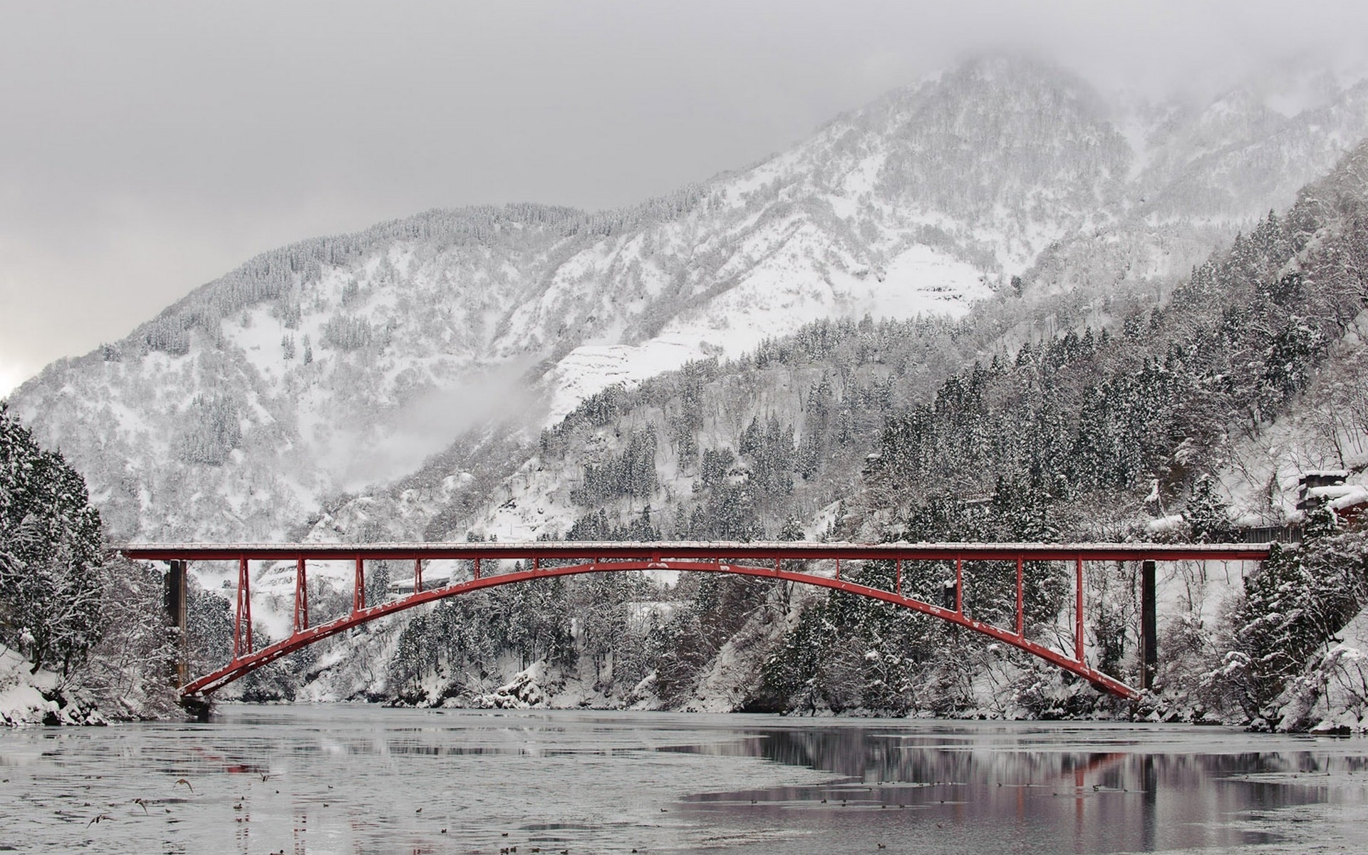 bridges, Rivers, Ice, Winter, Mountains, Snow Wallpaper