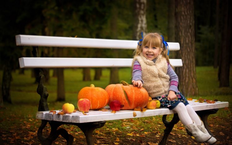 autumn, Fall, Pumpkin, Girl, Blondes, Bench, Halloween, Leaves HD Wallpaper Desktop Background