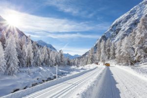 trees, Hills, Winter, Snow, Road, Car